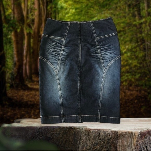 2B BeBe Denim Pencil Skirt Multicolored Threading Detailed Shading Zipper Size M - Picture 1 of 9